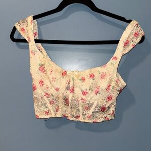 Floral Lace Crop Top - Cream and Pink